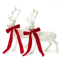 Large White Flocked Reindeer with Velvet Bows (Pair)