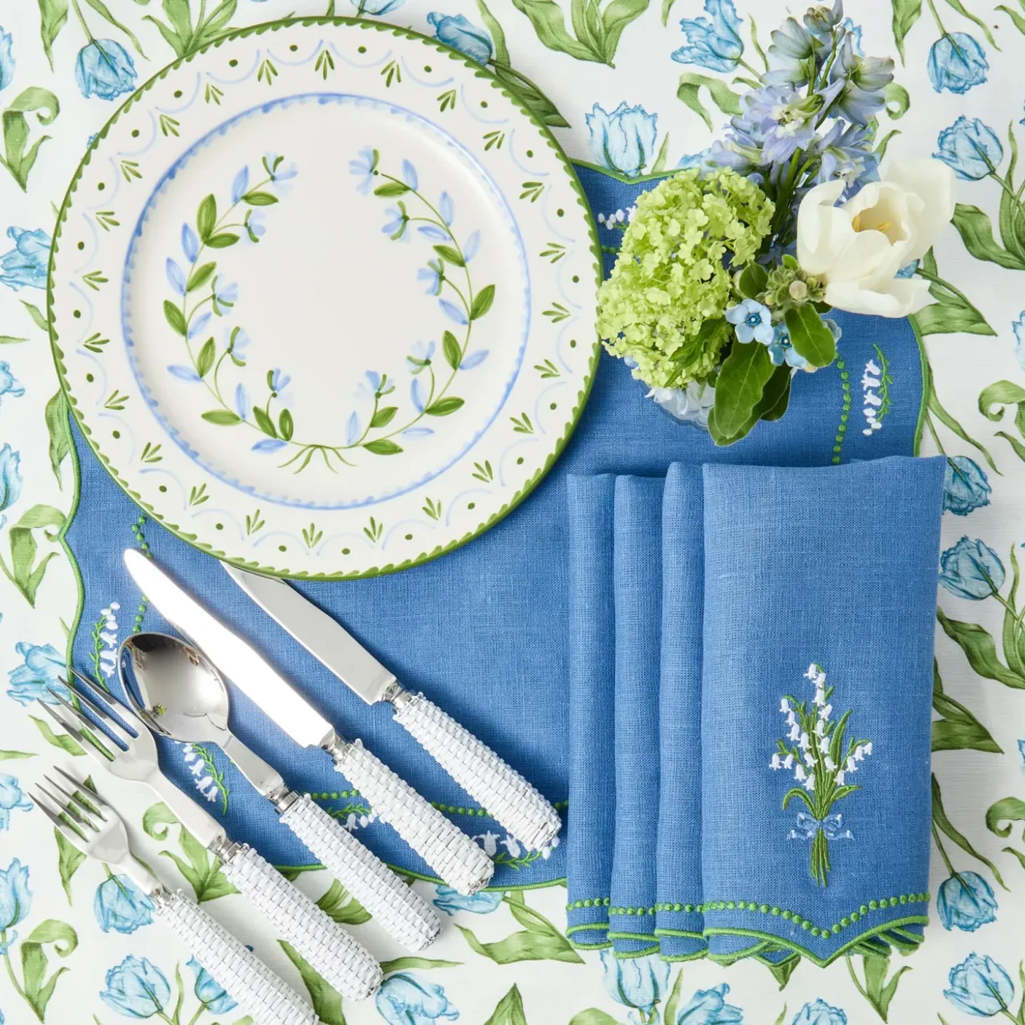 Lily of the Valley Blue Linen Napkins (Set of 4)