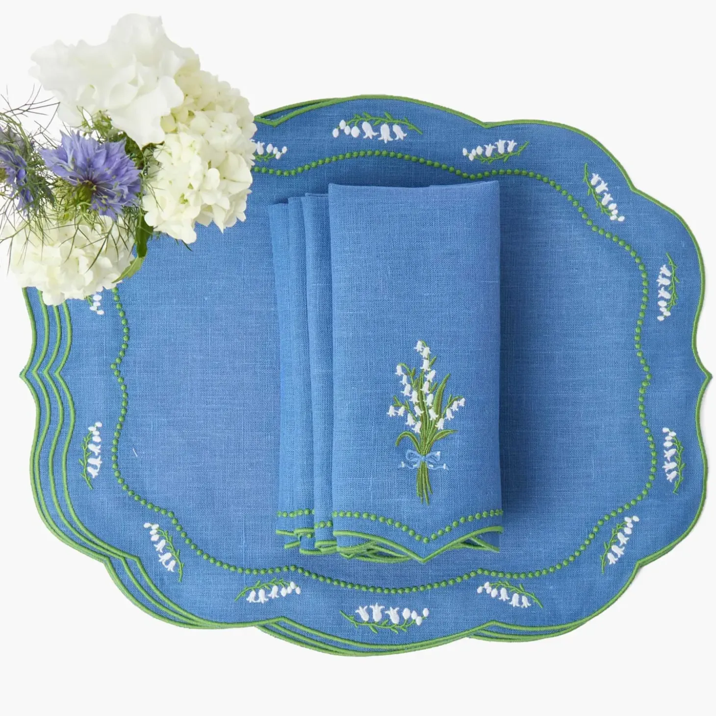 Lily of the Valley Blue Linen Placemats & Napkins (Set of 4)