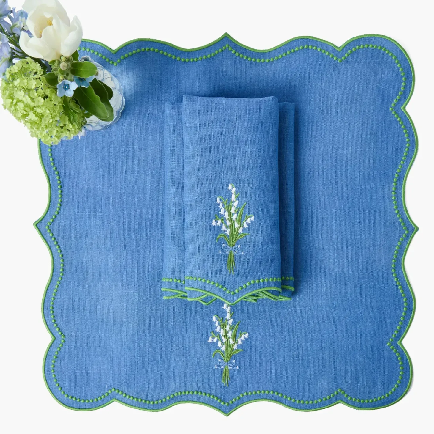 Lily of the Valley Blue Linen Placemats & Napkins (Set of 4)