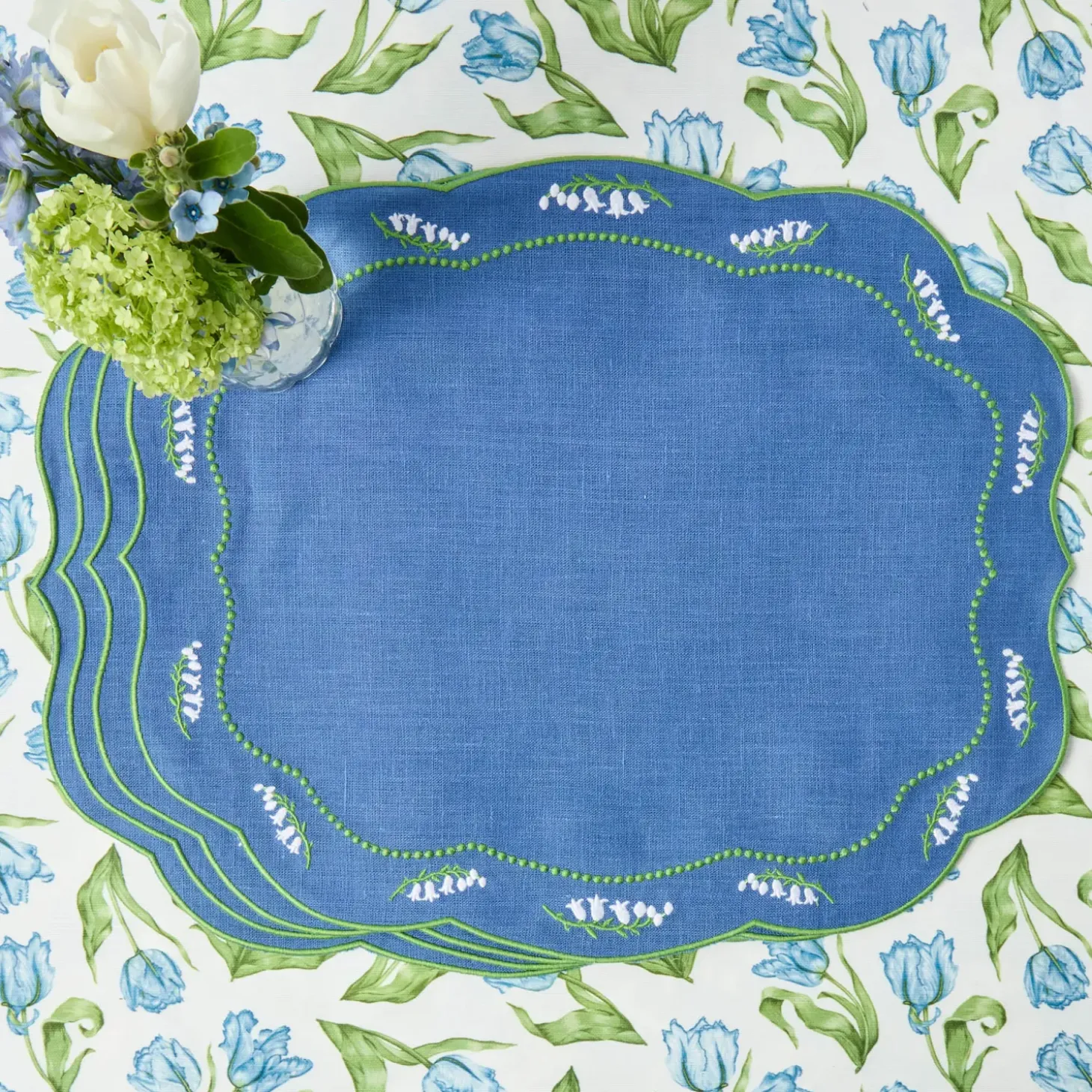 Lily of the Valley Blue Linen Placemats & Napkins (Set of 4)