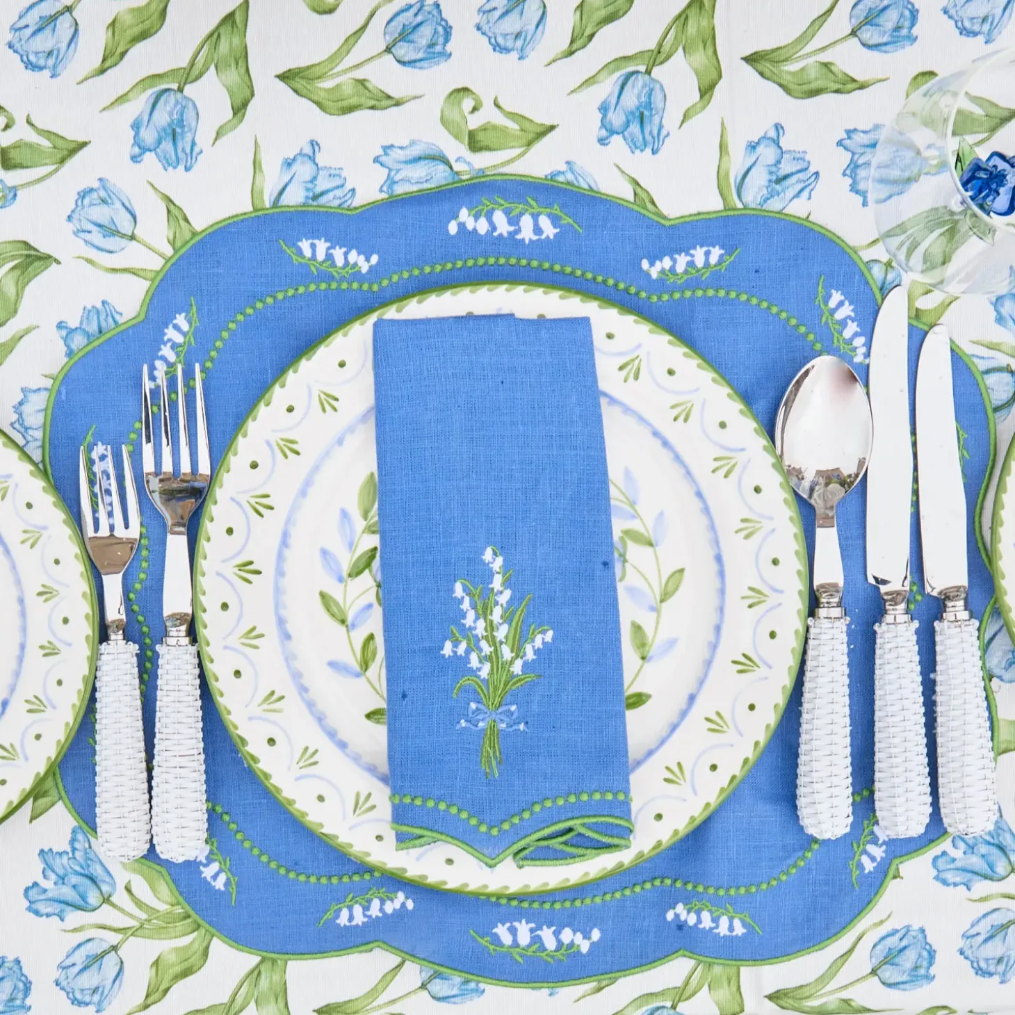 Lily of the Valley Blue Linen Placemats & Napkins (Set of 4)