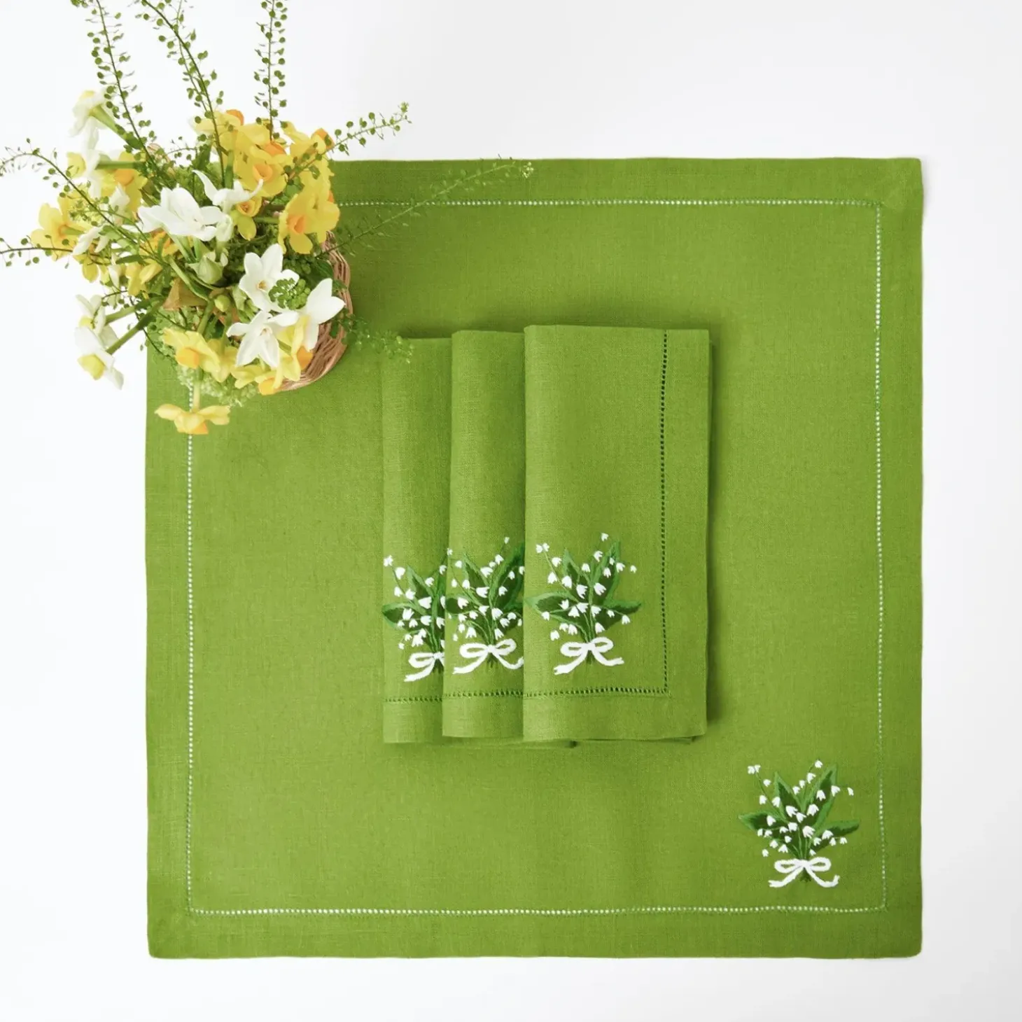 Lily of the Valley Green Linen Napkins (Set of 4)