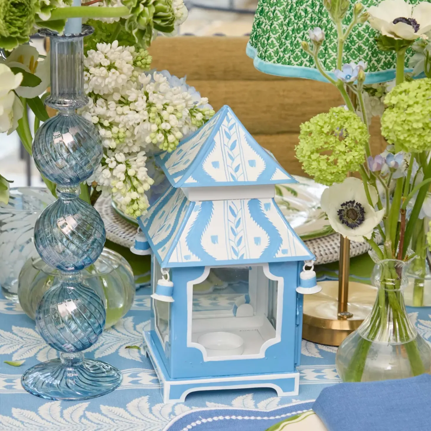 Mini Blue Ikat Pagoda Lantern (Pair)