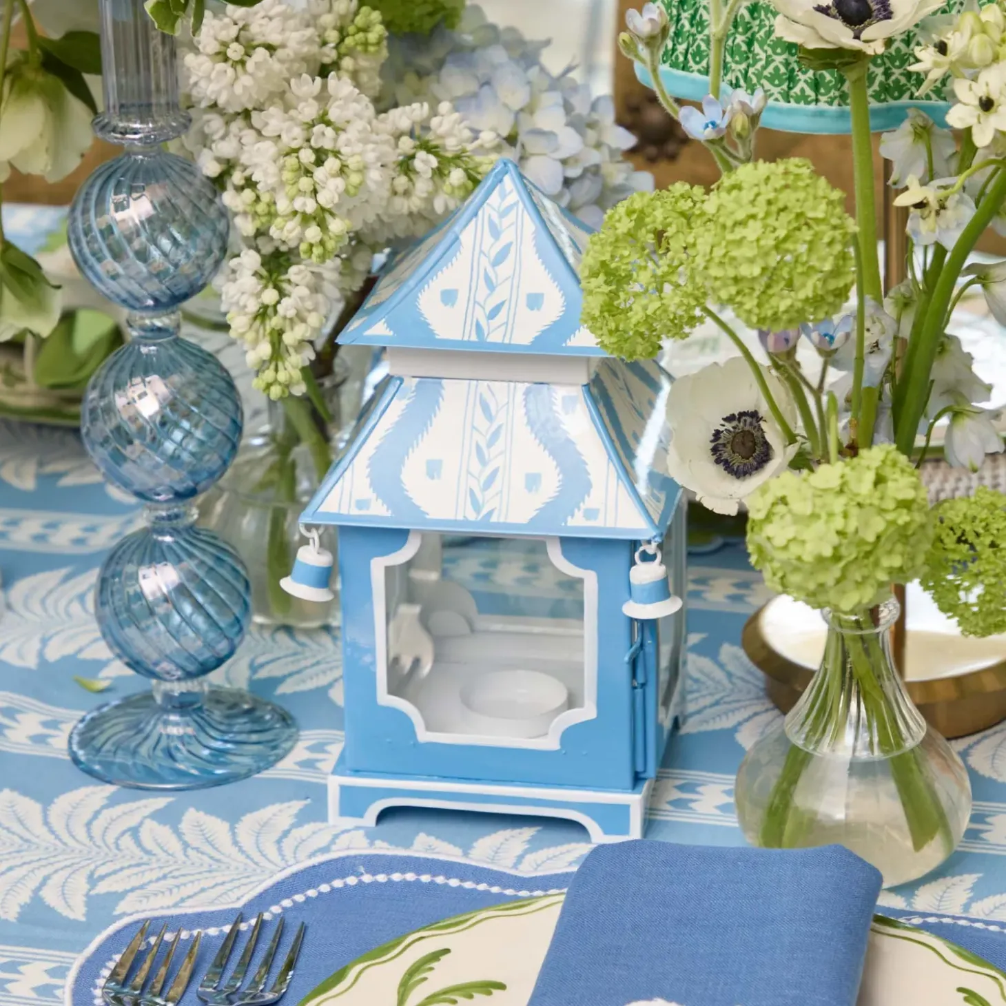 Mini Blue Ikat Pagoda Lantern (Pair)