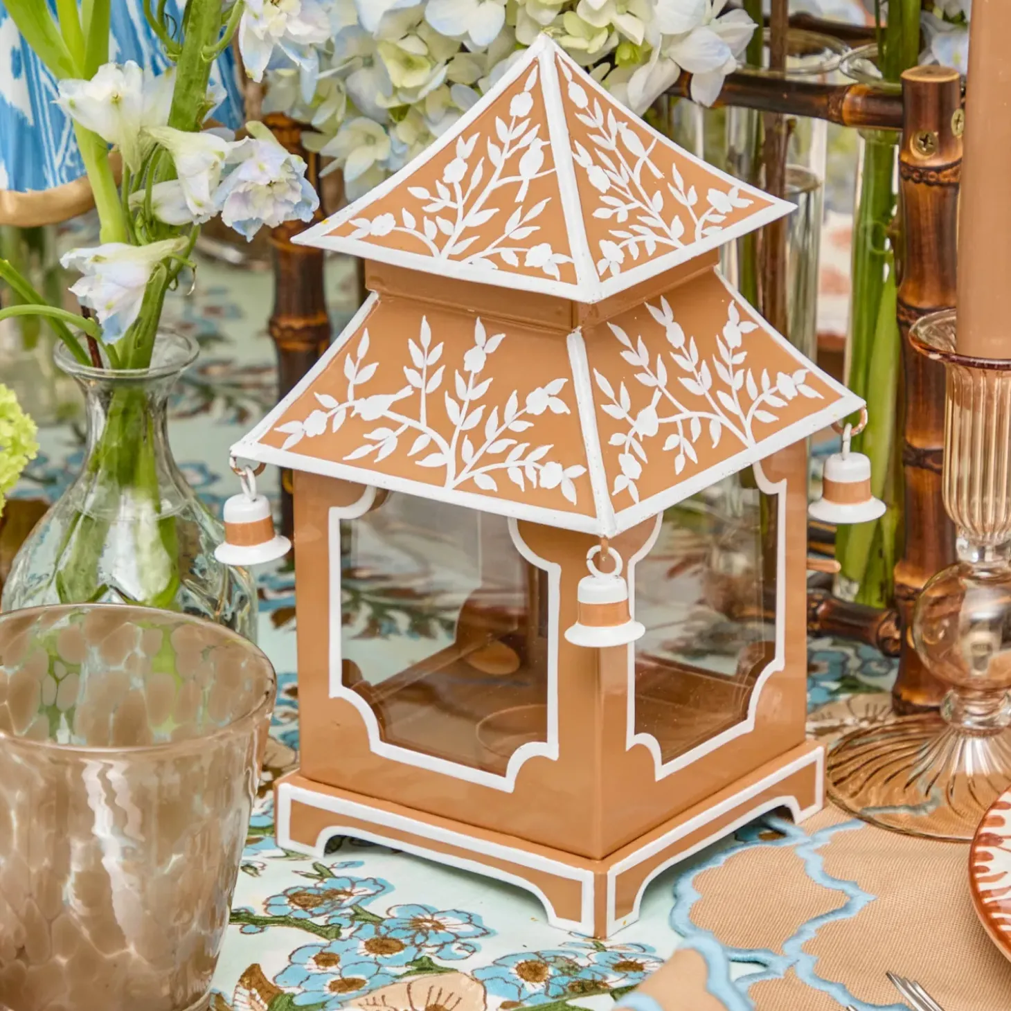 Mini Caramel Chinoiserie Pagoda Lantern (Pair)
