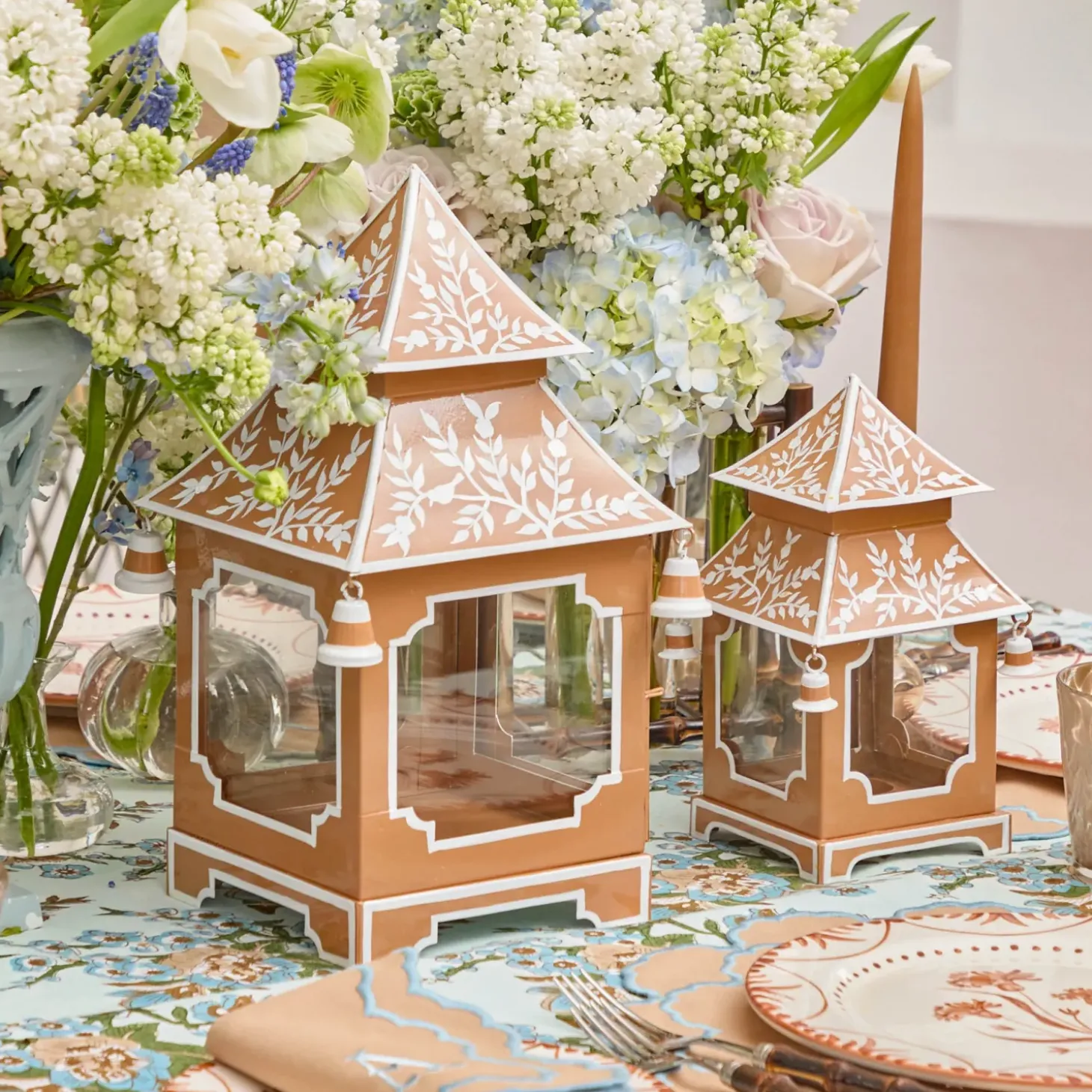 Mini Caramel Chinoiserie Pagoda Lantern (Pair)