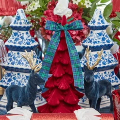 Navy Flocked Reindeer Family with Gold Trimmed Bows