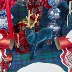 Navy Flocked Reindeer Family with Gold Trimmed Bows