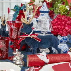 Navy Flocked Reindeer Family with Gold Trimmed Bows