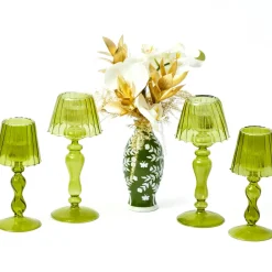 Olive Glass Lantern Tea Light Holder Set