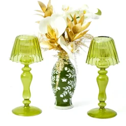 Olive Glass Lantern Tea Light Holder Set