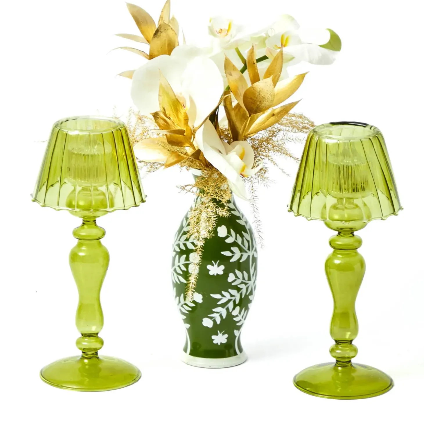 Olive Glass Lantern Tea Light Holder Set