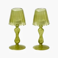 Olive Glass Lantern Tea Light Holder (Pair) - 18 cm