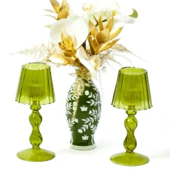 Olive Glass Lantern Tea Light Holder (Pair) - 18 cm