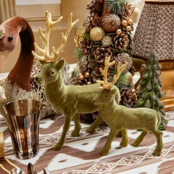 Olive Green Flocked Reindeer Family