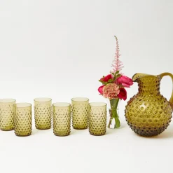 Olive Green Hobnail Jug & Glasses (Set of 6)