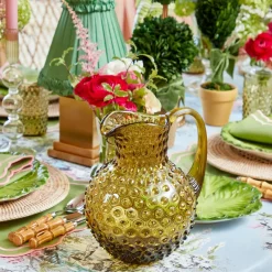 Olive Green Hobnail Jug & Glasses (Set of 6)