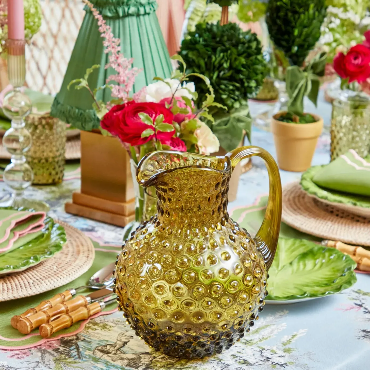 Olive Green Hobnail Jug & Glasses (Set of 6)