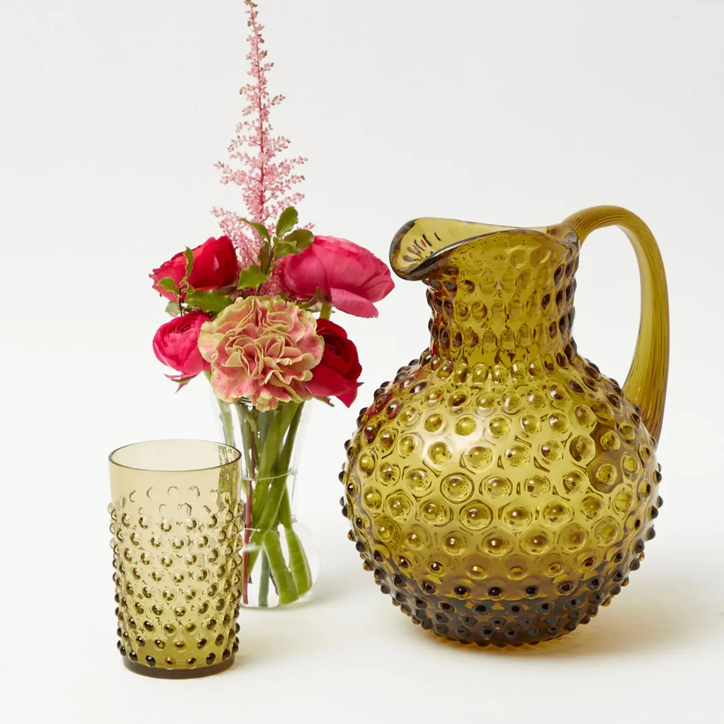 Olive Green Hobnail Jug & Glasses (Set of 6)