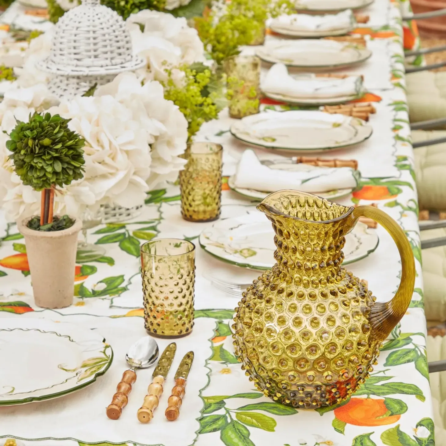 Olive Green Hobnail Jug & Glasses (Set of 6)