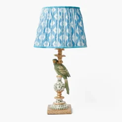 Olive Parrot Lamp with Blue Ikat Shade (30cm)