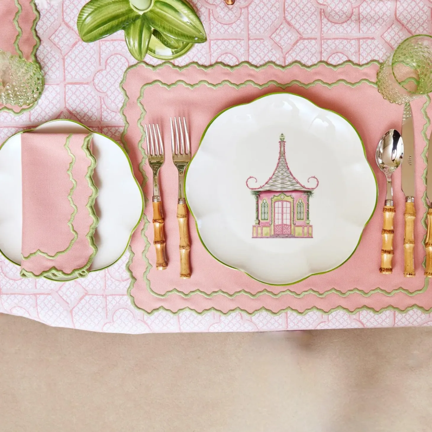 Pink & Green Pagoda Dinner Plates (Set of 4)