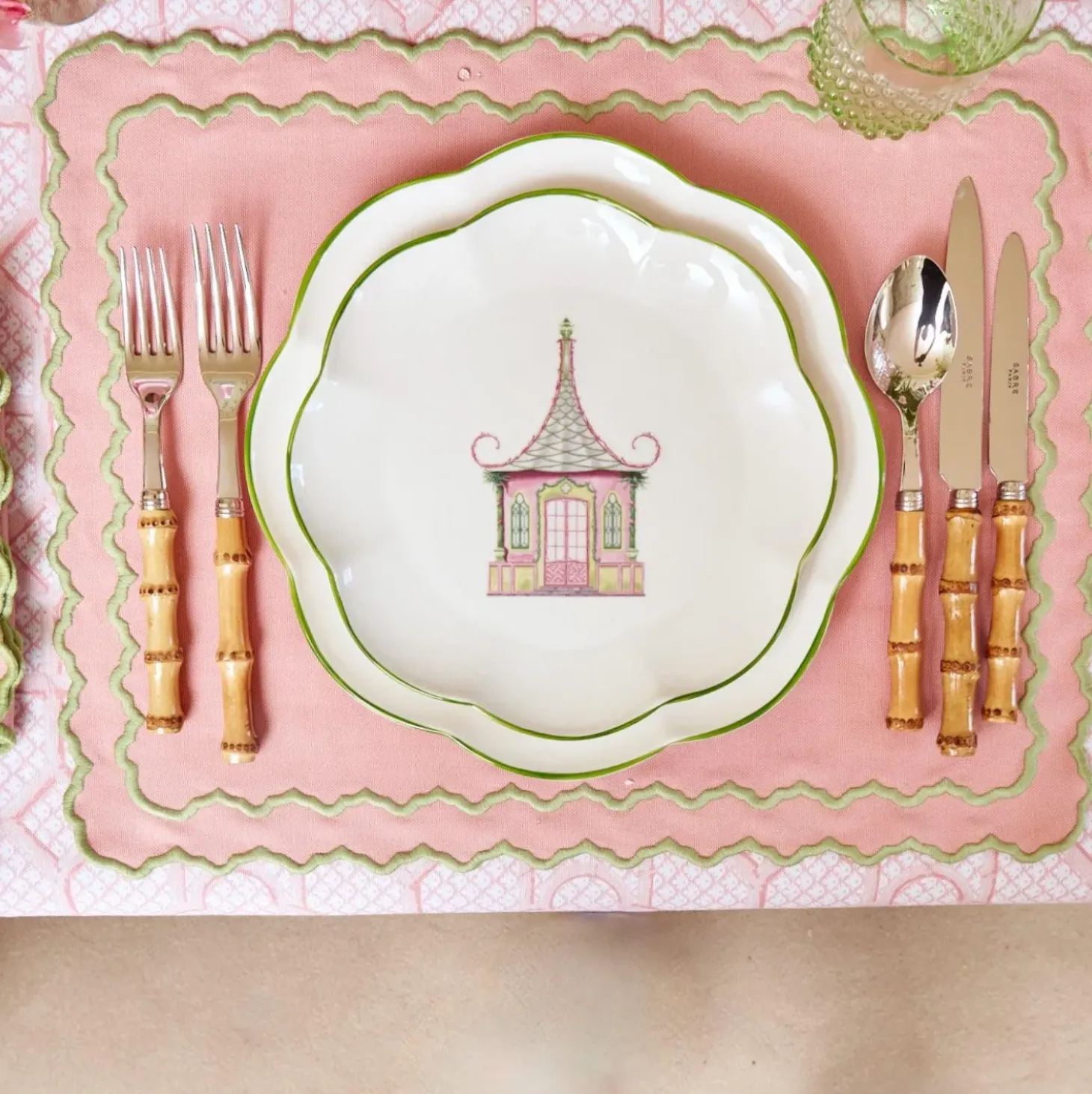 Pink & Green Pagoda Dinner Plates (Set of 4)