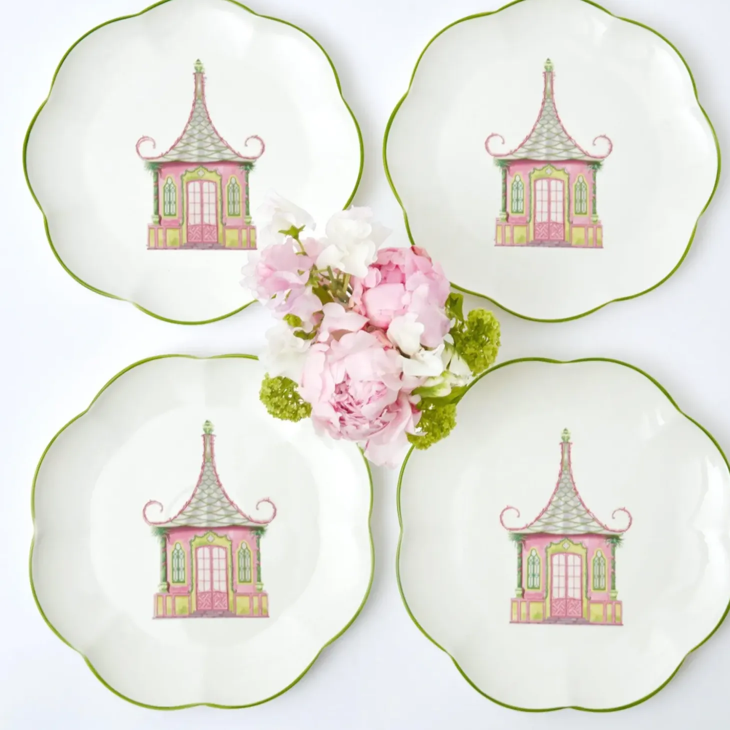 Pink & Green Pagoda Dinner Plates (Set of 4)