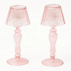 Pink Glass Lantern Tea Light Holder (Pair) - 24cm
