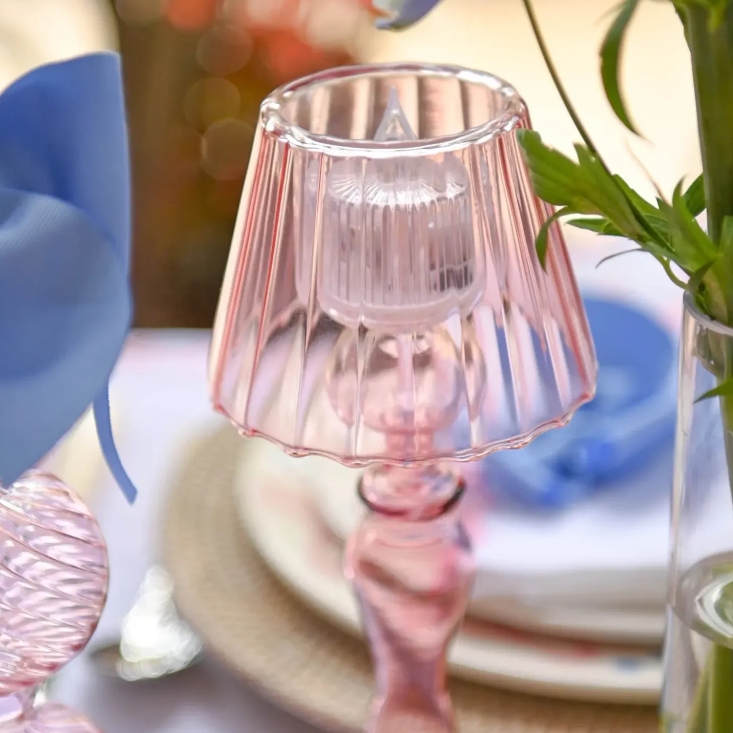 Pink Glass Lantern Tea Light Holder (Pair) - 24cm