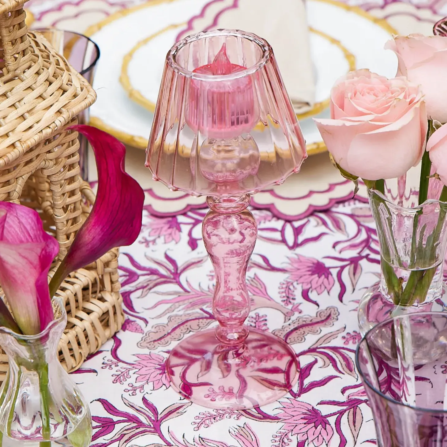 Pink Glass Lantern Tea Light Holder (Pair) - 24cm