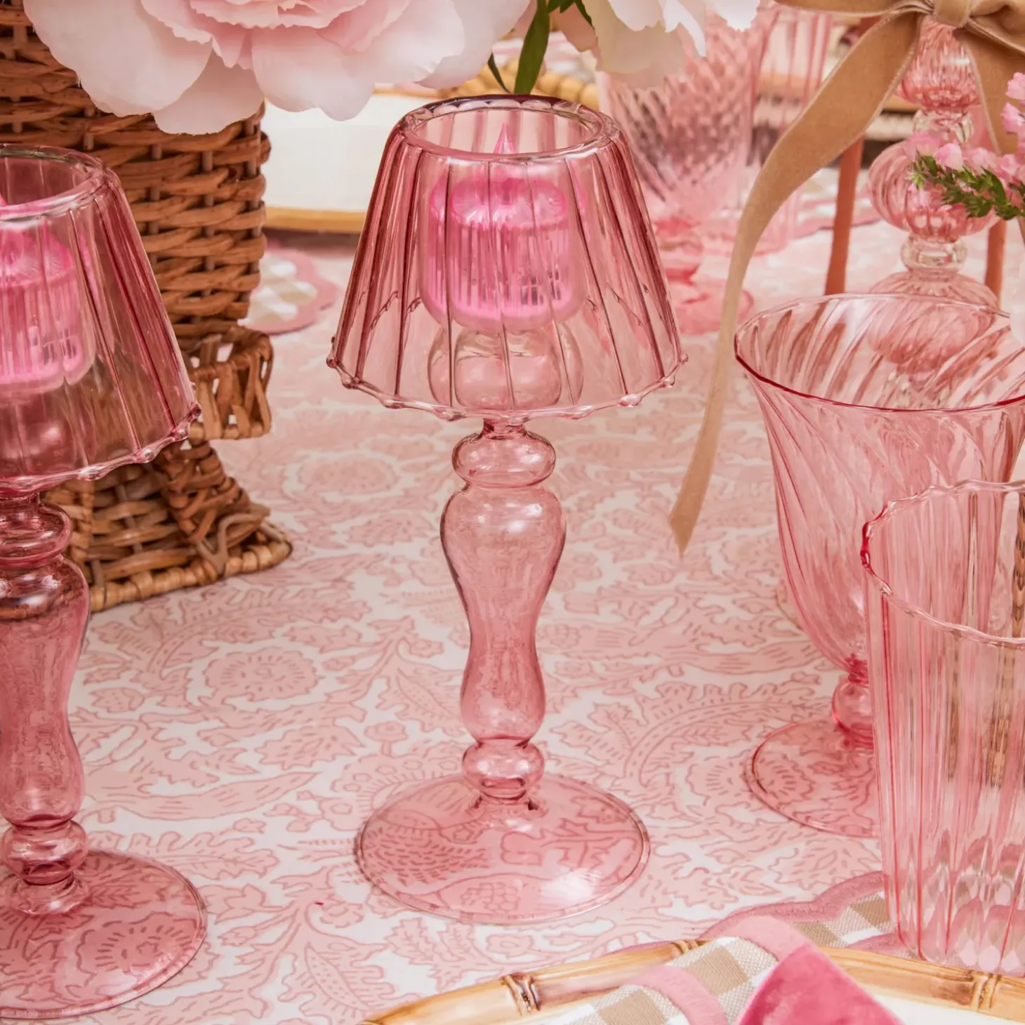 Pink Glass Lantern Tea Light Holder (Pair) - 24cm