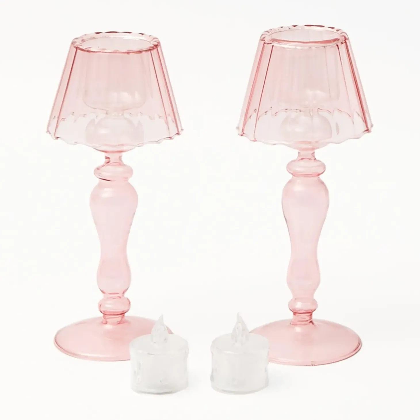 Pink Glass Lantern Tea Light Holder (Pair) - 24cm