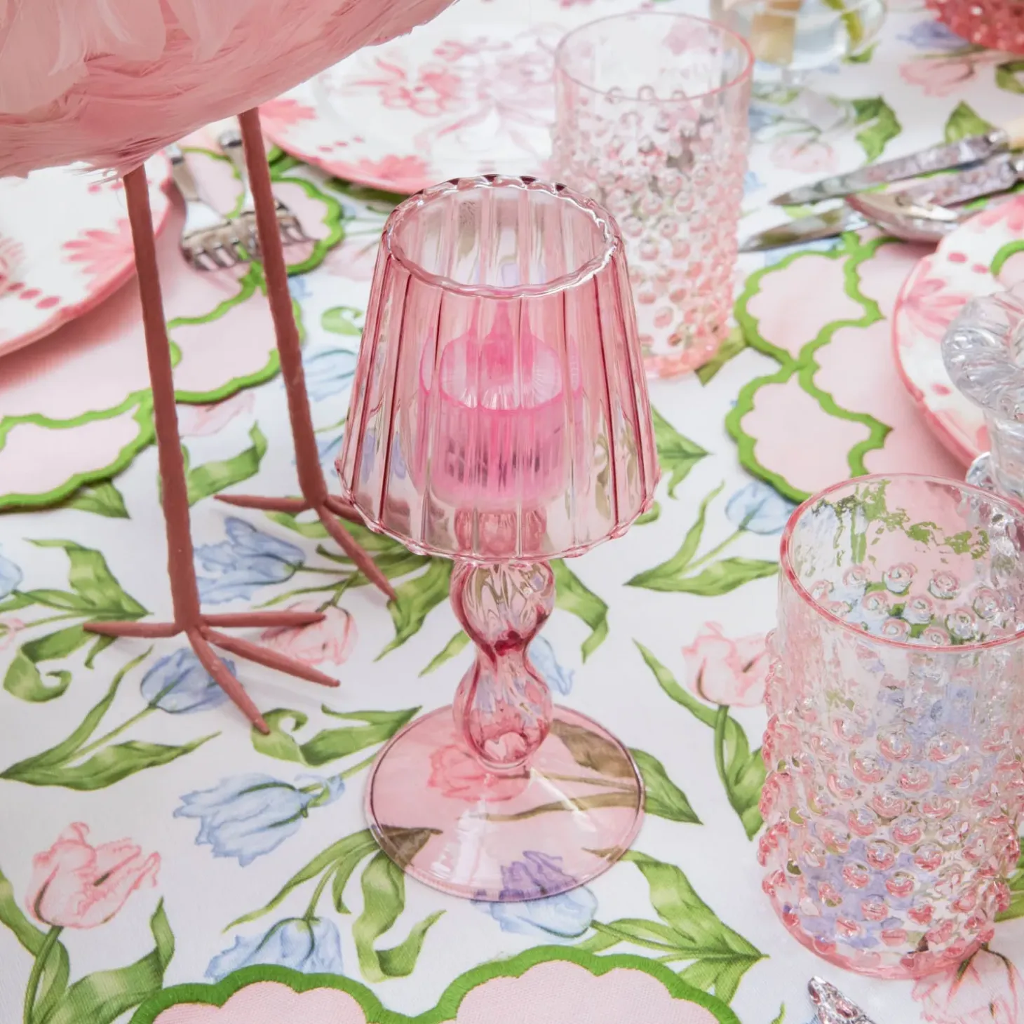 Pink Glass Lantern Tea Light Holder Set
