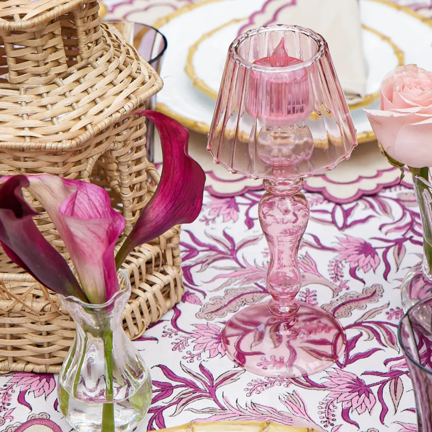 Pink Glass Lantern Tea Light Holder Set