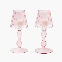 Pink Glass Lantern Tea Light Holder (Pair) - 18cm