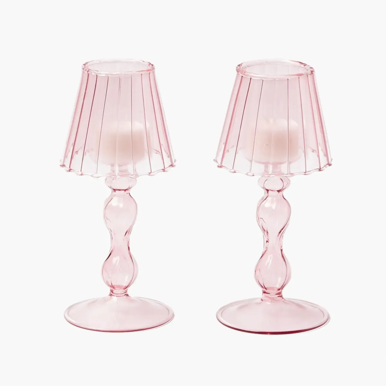Pink Glass Lantern Tea Light Holder (Pair) - 18cm