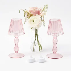Pink Glass Lantern Tea Light Holder (Pair) - 18cm