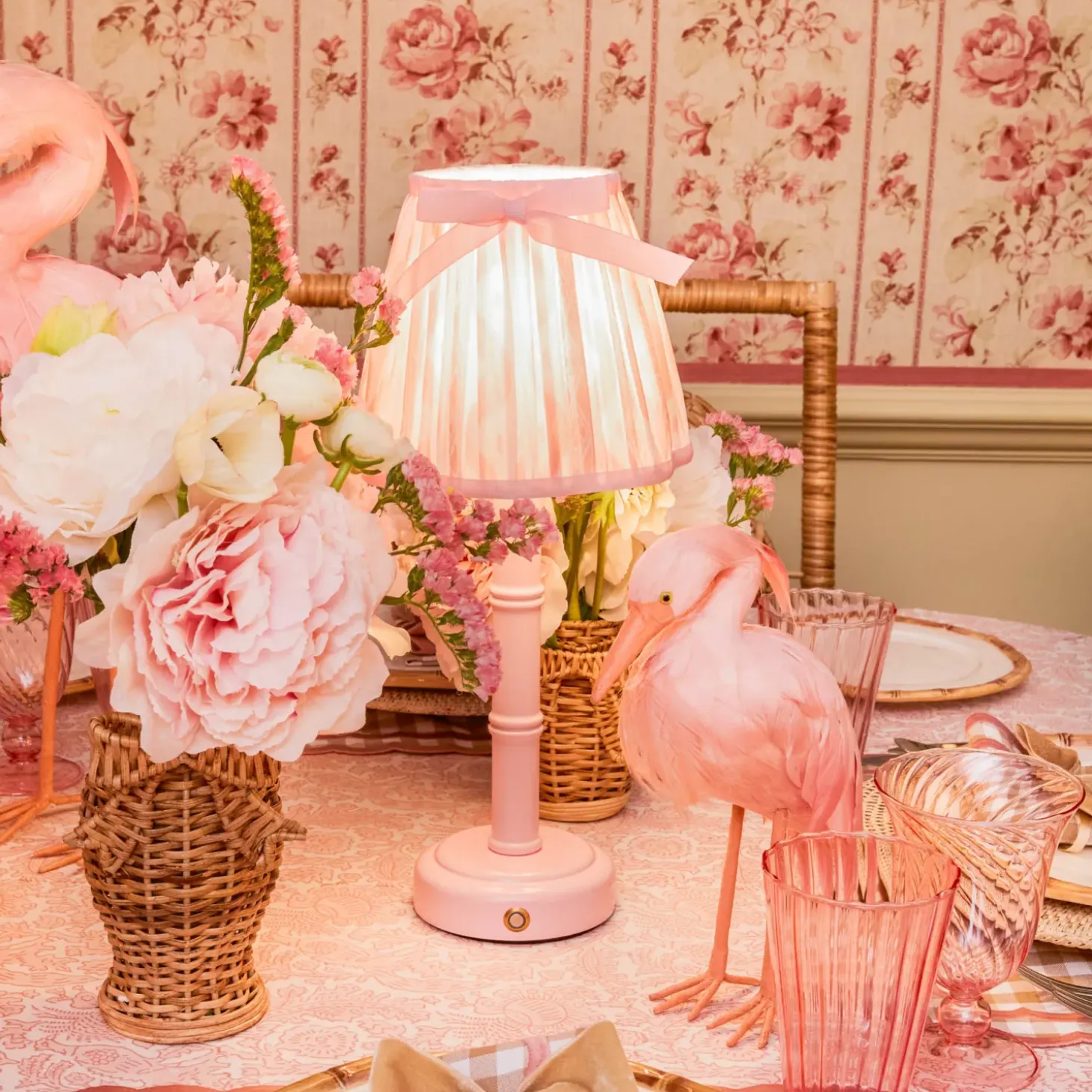 Pink Leonora Lacquer Rechargeable Lamp with Pink Ikat Bow Shade (18cm)