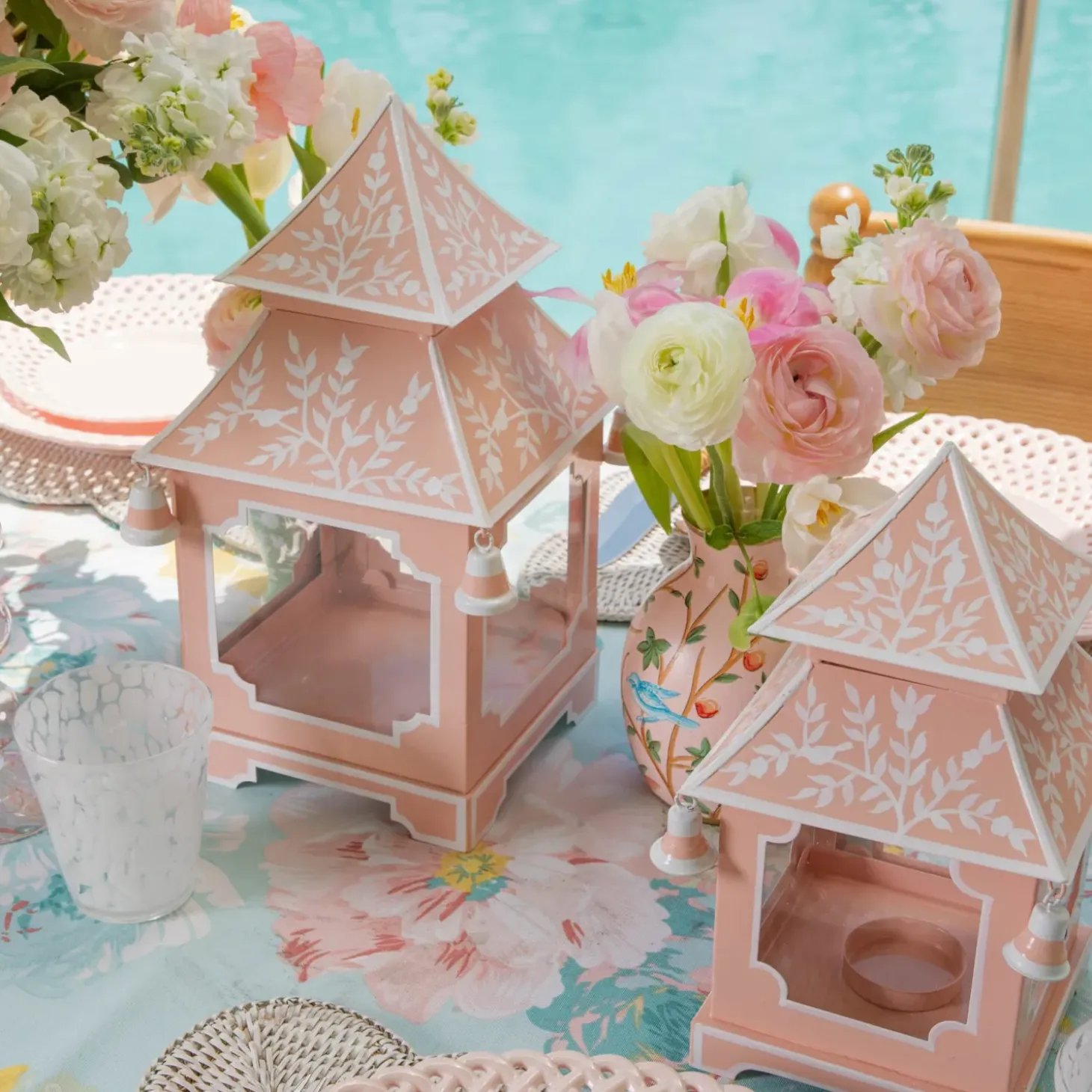 Pink Mini Chinoiserie Pagoda Lanterns (Pair)