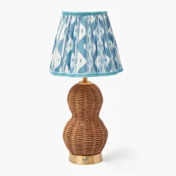 Rattan Bardot Rechargeable Lamp with Blue Ikat Shade (18cm)