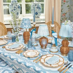Rattan Bardot Rechargeable Lamp with Blue Ikat Shade (18cm)