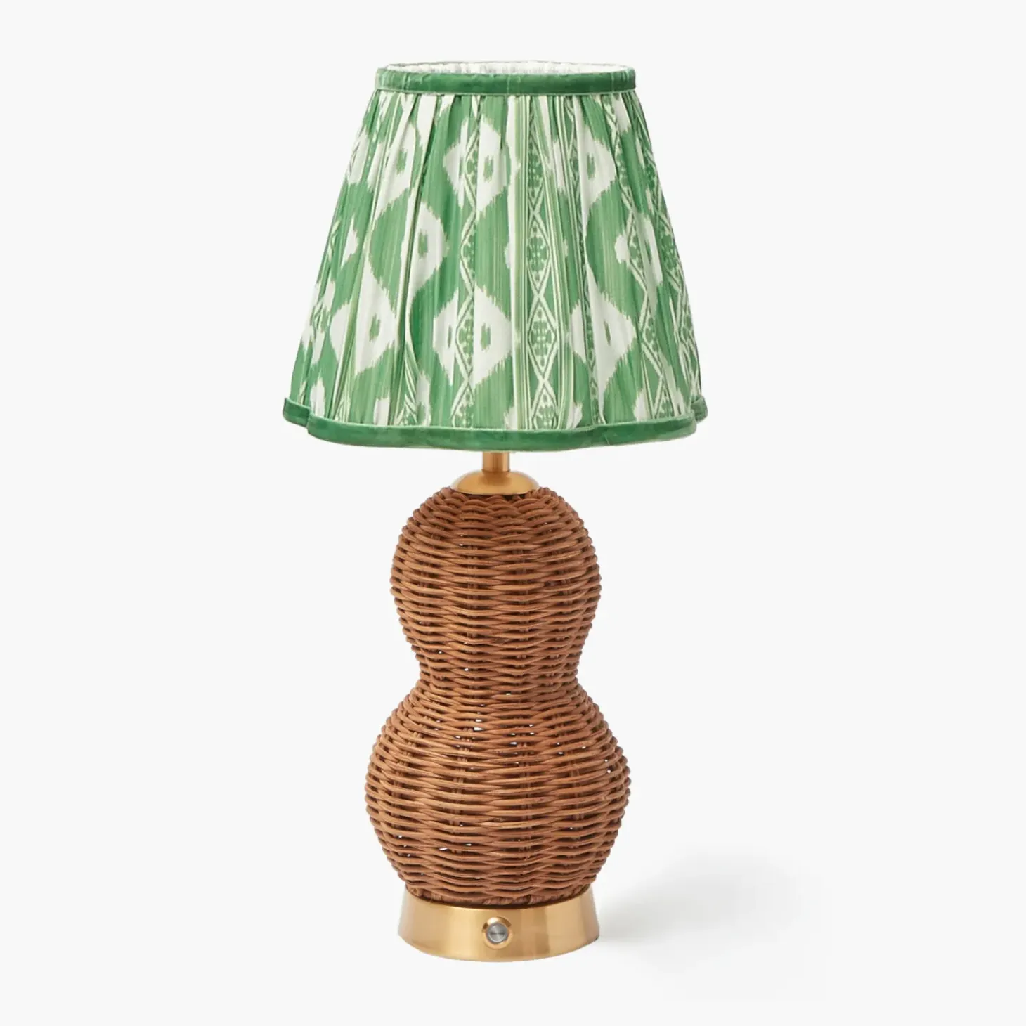 Rattan Bardot Rechargeable Lamp with Green Ikat Shade (18cm)