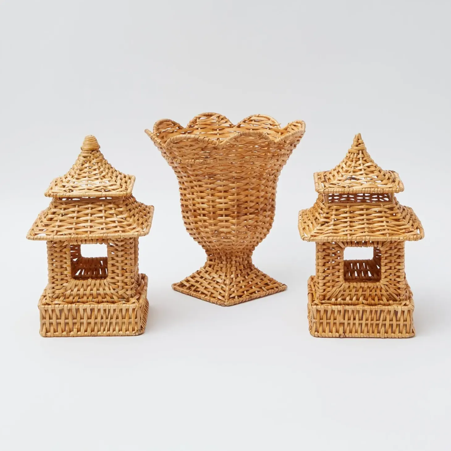 Rattan Pagoda & Urn Vase Set