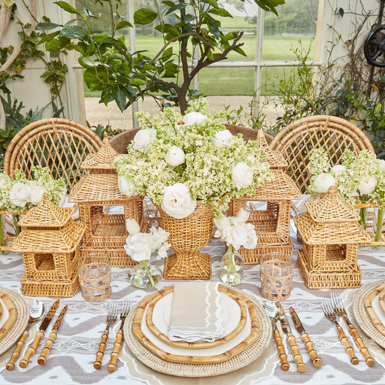Rattan Pagoda & Urn Vase Set