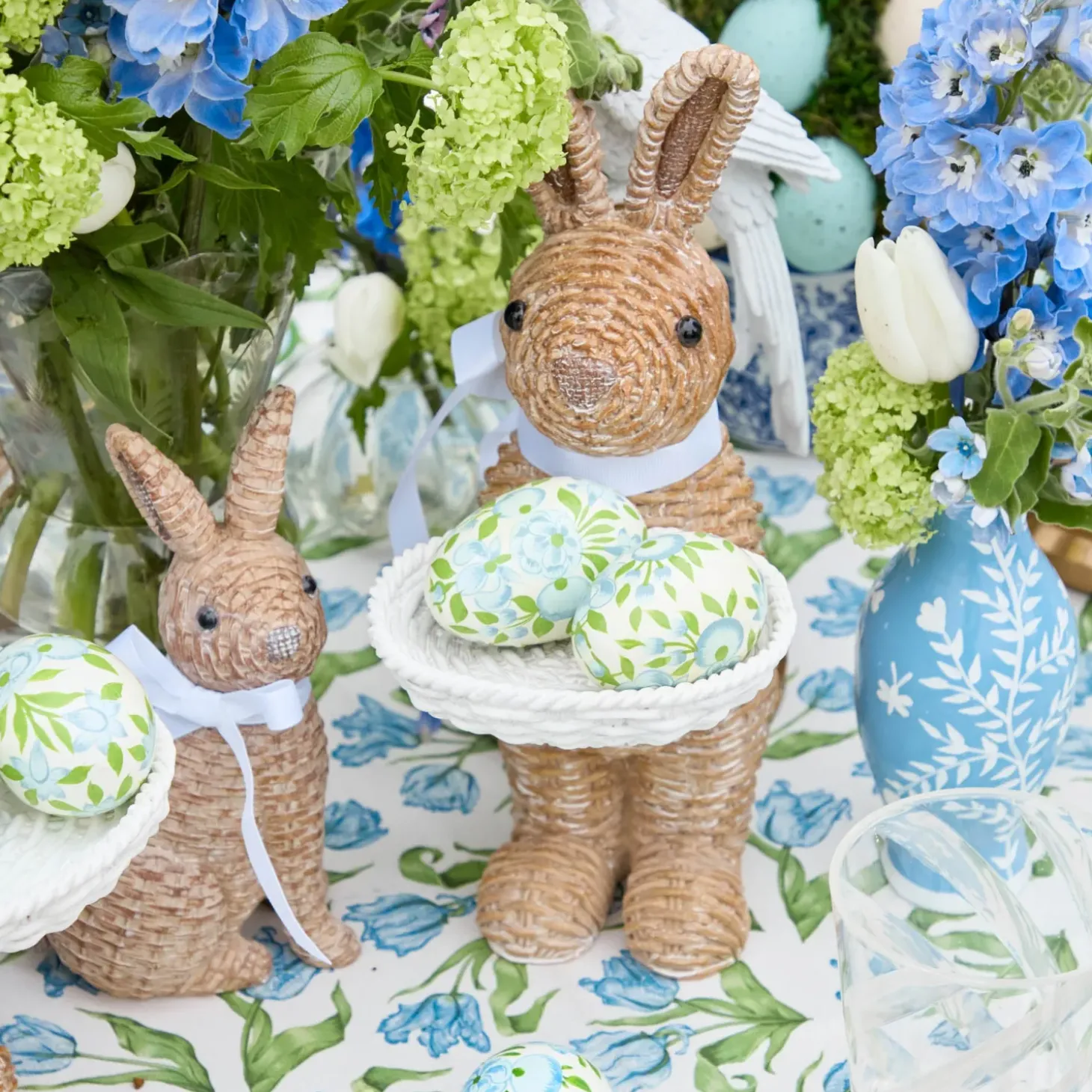 Rattan Ribboned Rabbit With Basket (Pair)