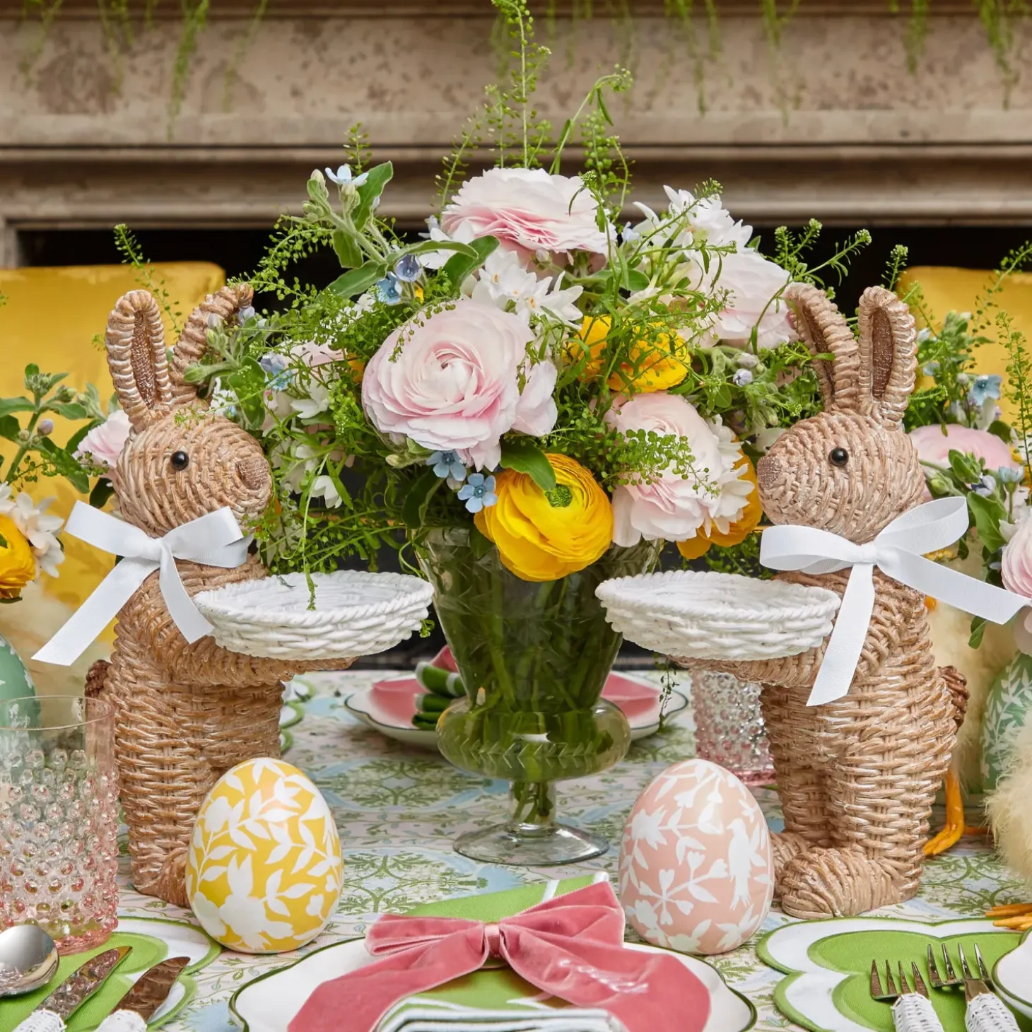Rattan Ribboned Rabbit With Basket (Pair)