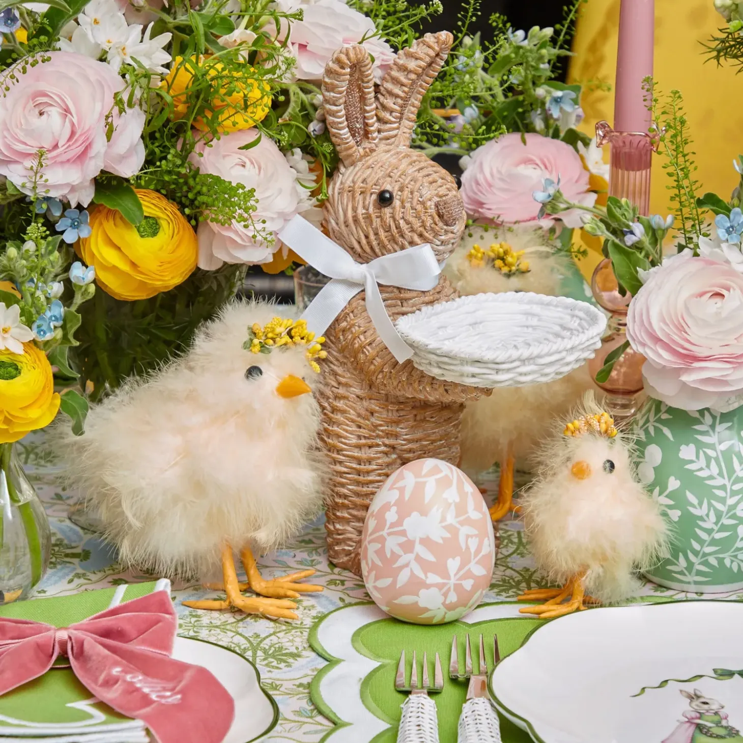 Rattan Ribboned Rabbit With Basket (Pair)
