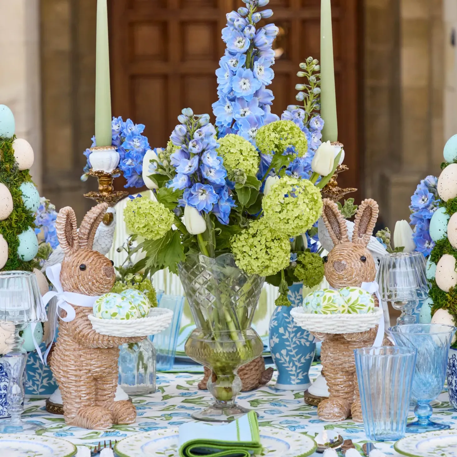 Rattan Ribboned Rabbit With Basket (Pair)